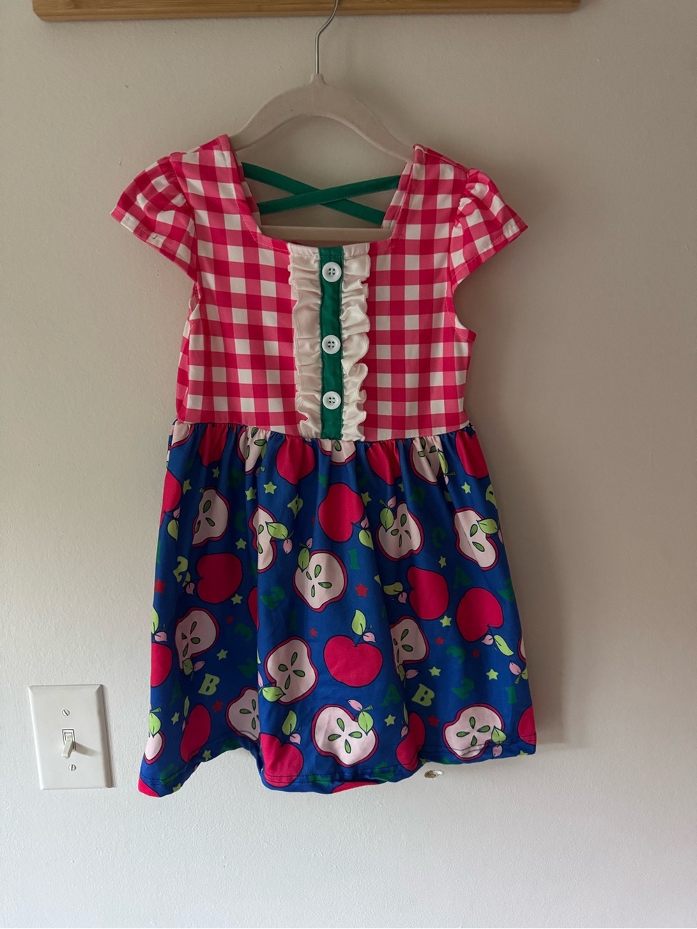 Girls Pink Gingham & Blue Apple Print Dress